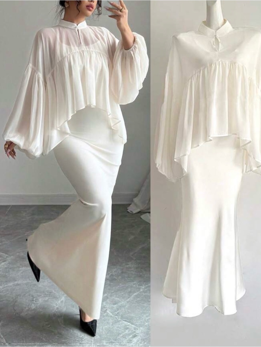 Elegant White Two-Piece Dress Set - Women's Flowing Top and Fitted Skirt